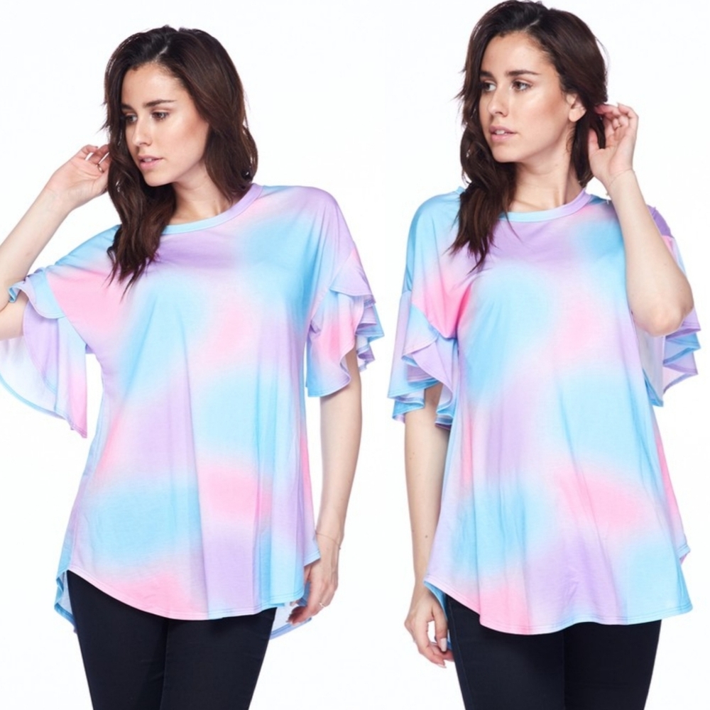 Pastel Tie Dye Flutter Sleeve Loose Fit Tunic Top - Picture 3 of 4